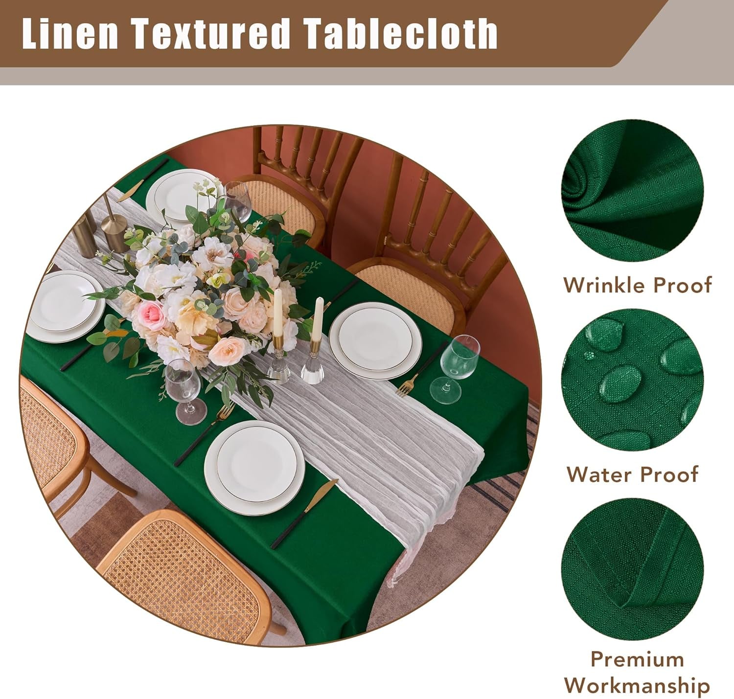Faux Linen Tablecloths 60 x 84 Inches - Set of 2 Hunter Green Rectangular Table Covers for Parties, Banquets, Kitchen Dining, and Farmhouse Decor