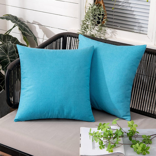 Pack of 2 Outdoor Throw Pillow Covers Waterproof Decorative Soft Pillowcases Linen Farmhouse Square Cushion Shams for Patio Balcony Couch Garden 18X18 Inch,Blue