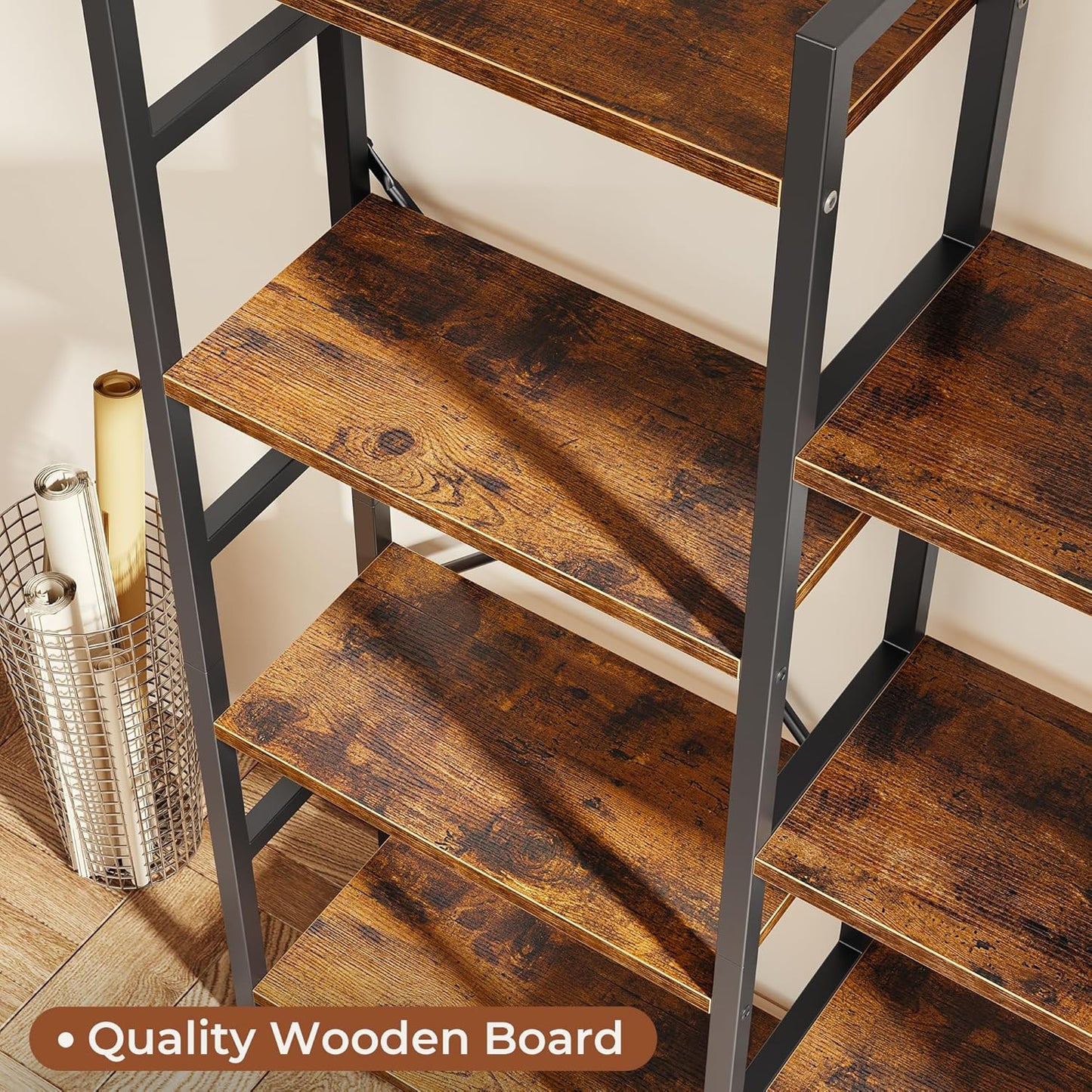 Triple 4-Tier Bookshelf with 11 Open Display Shelves - Wide Bookcase for Home and Office in Rustic Brown Finish