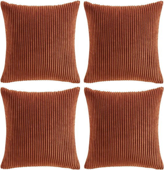 Set of 4 Rust Big Decorative Throw Pillow Covers 24X24 Inch for Couch Bed Sofa, Aesthetic Modern Boho Home Decor, Soft Fluffy Textured Corduroy Square Terracotta Cushion Case 60X60 Cm