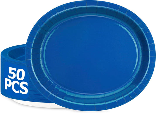 50 Count Blue Oval Large Paper Plates, 12.2'' X 10.2'', Bulk Dinner Plates for Birthday, Picnic, Holiday, Camping, Barbecue, Baby Shower Parties