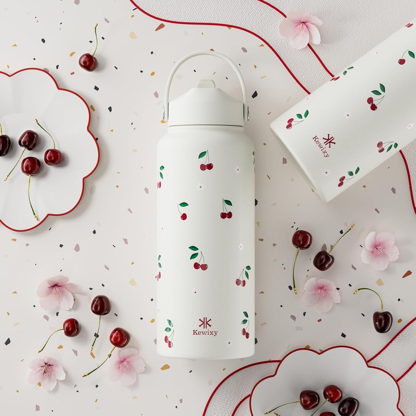 32 Oz Stainless Steel Insulated Water Bottle with Flip Straw and Handle - Leak Proof, Reusable, Wide Mouth Design for Travel, Gym, and School (Cream Cherry)