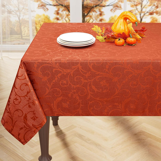 Rectangle Thanksgiving Tablecloth, Waterproof Jacquard Fall Table Cloth, Damask Cloth Table Cover for Harvest Decor (60" X 84", Rust Vine Pattern)