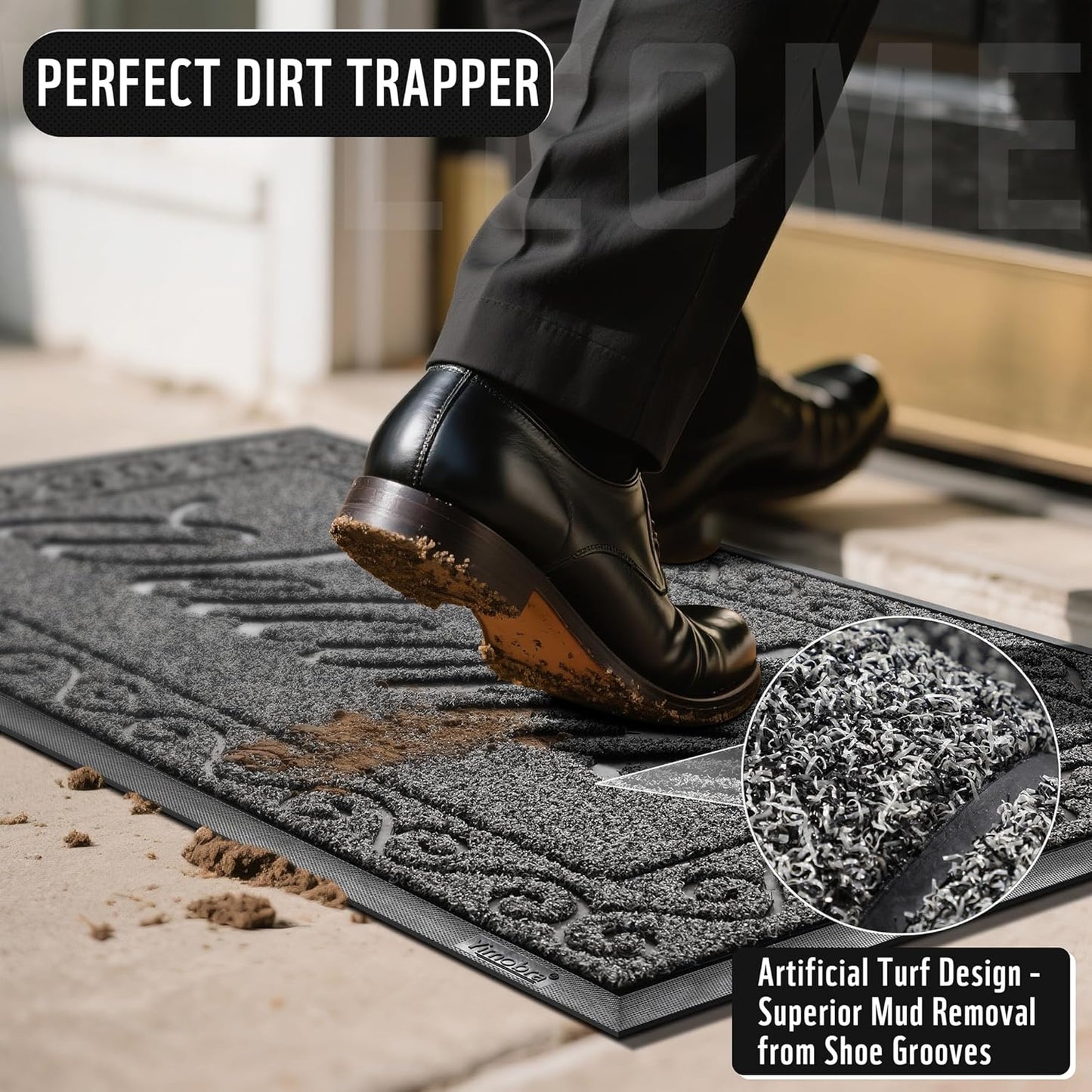 Welcome Mat, Heavy Duty Sturdy Door Mats for Home Entrance Outdoor Indoor, Front Doormat for outside Patio Floor Entry Porch Garage Office, Waterproof, Low Profile, 29.5 X 17, Black Grey