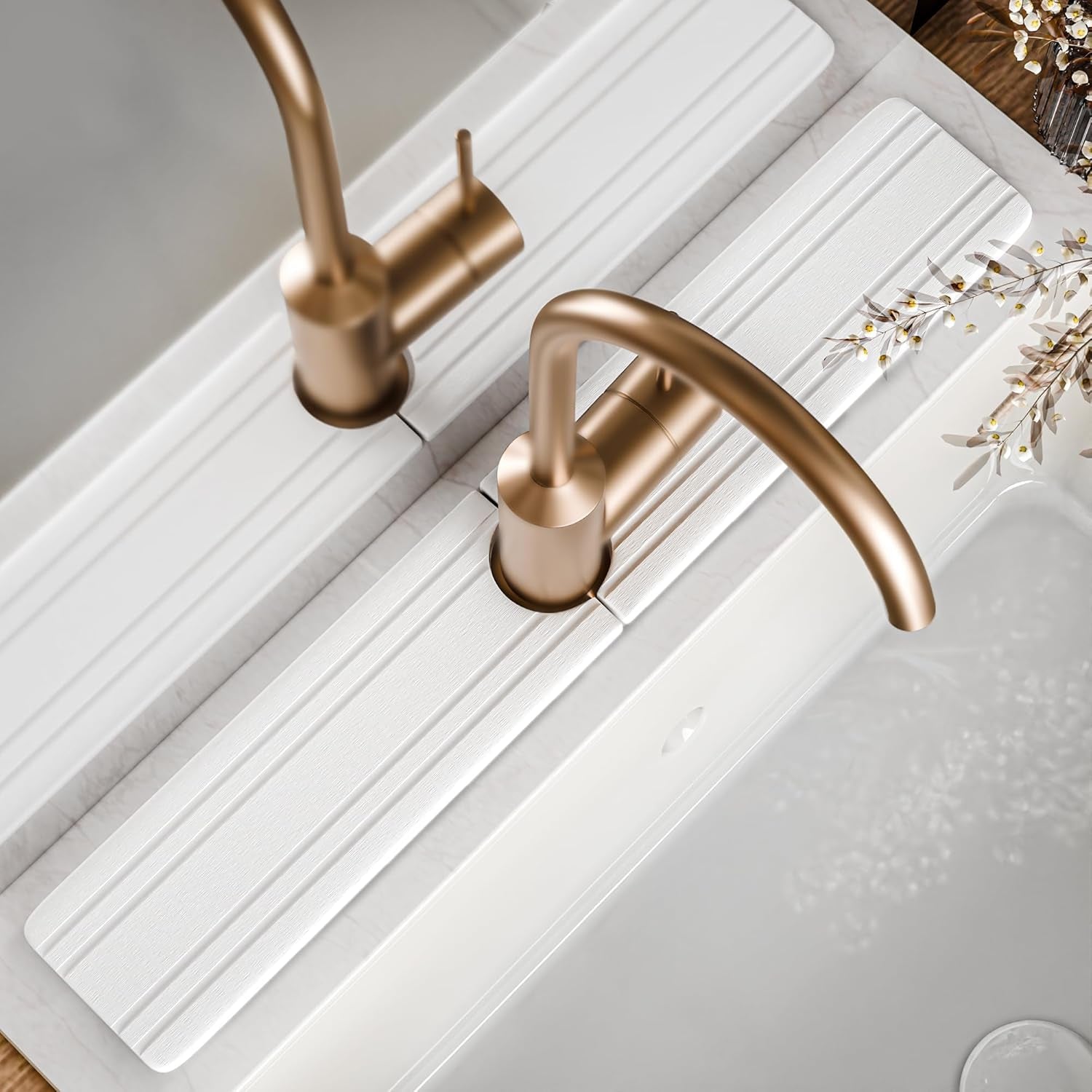 Faucet Mat Kitchen Sink 23.6" Long Diatomite Water Absorbing Stone Quick Drying Tray Sink Splash Guard for Bathroom Kitchen Counter Vanity Sink Organizer, Stone Drying Mat for Kitchen Counte