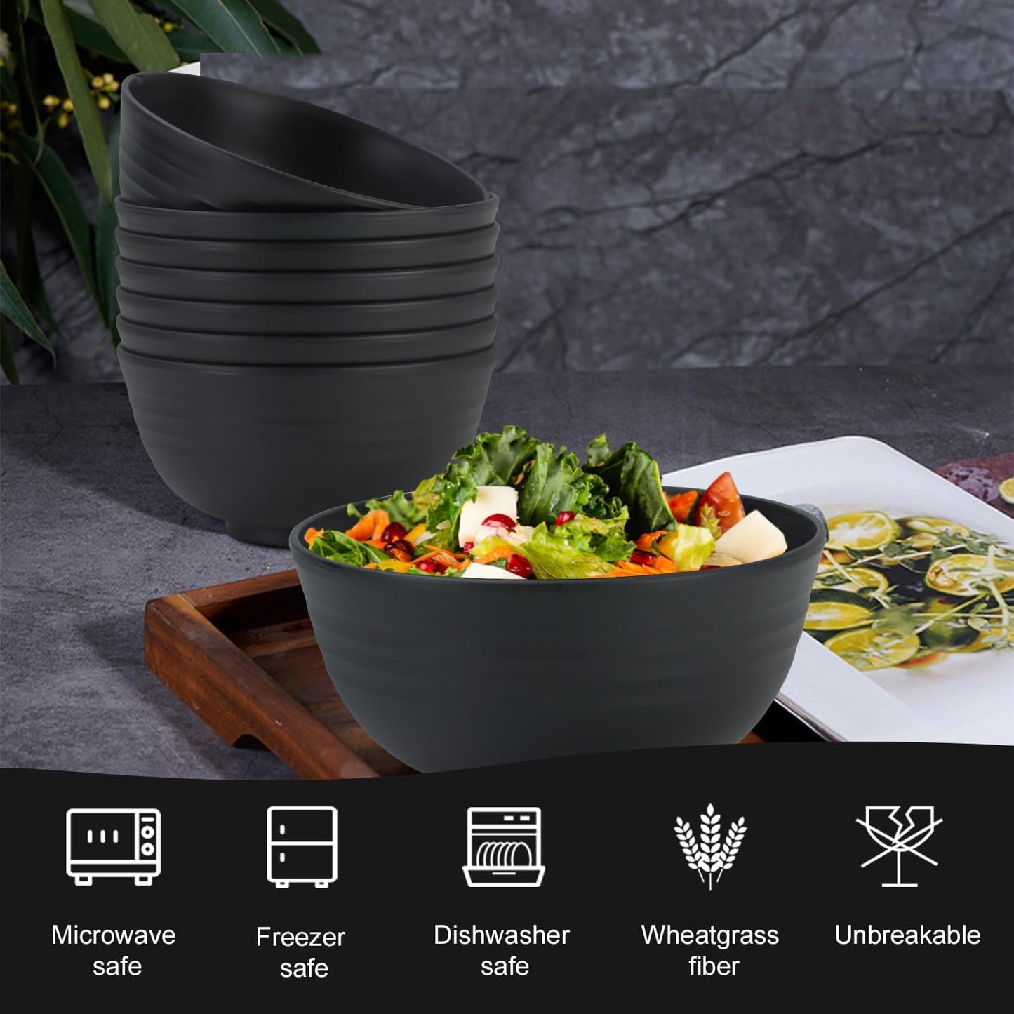 Cereal Bowl Set of 8 - Unbreakable Lightweight Wheat Straw Bowls for Kitchen, Microwave and Dishwasher Safe, Ideal for Serving Cereal, Snacks, and Fruits (Black, 26 OZ)