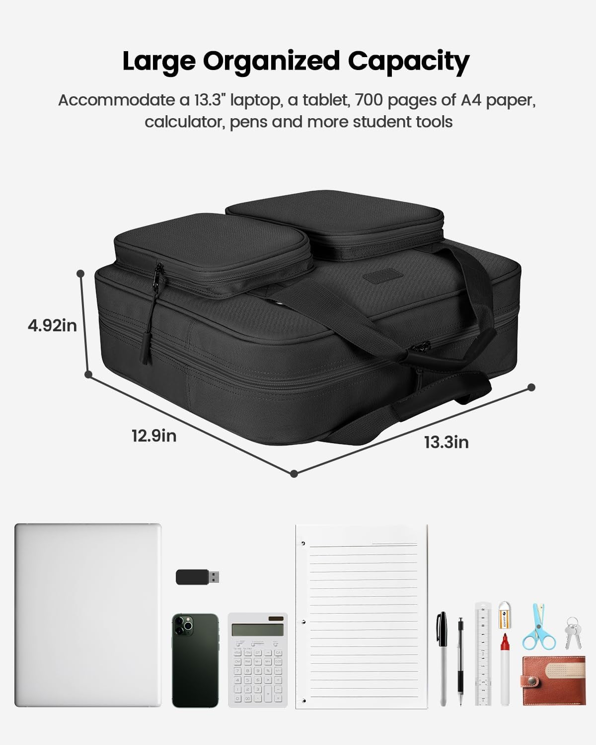 3 Inch 3 Ring Zipper Binder with Shoulder Strap & Handle & Multi-Pocket - 3" Binder with Zipper for School, Compatible with 13-Inch Macbook/Tablet -Patent Design Black