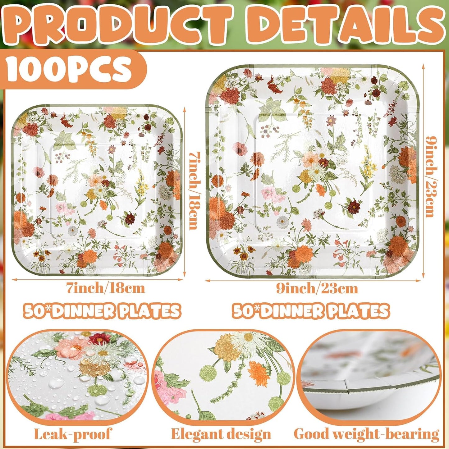100-Piece Floral Disposable Paper Plate Set - 9'' Dinner Plates and 7'' Square Dessert Plates for Weddings, Birthdays, Baby Showers, and Parties (Green, Pastel Wildflower)