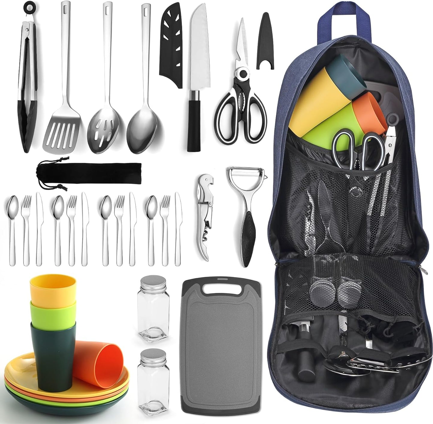 Camping Essentials: Comprehensive Cooking Utensils Set with Silverware, Plates, and Cups for Outdoor Activities, Picnics, and BBQs