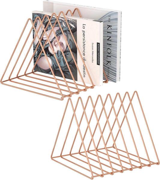 Triangle Desk Organizers Metal Wire Magazine Holder 7 Sections Decorative Vinyl Record Storage Office File Organizer for Desk - Rose Gold Magazine File Holder - 2 Pack