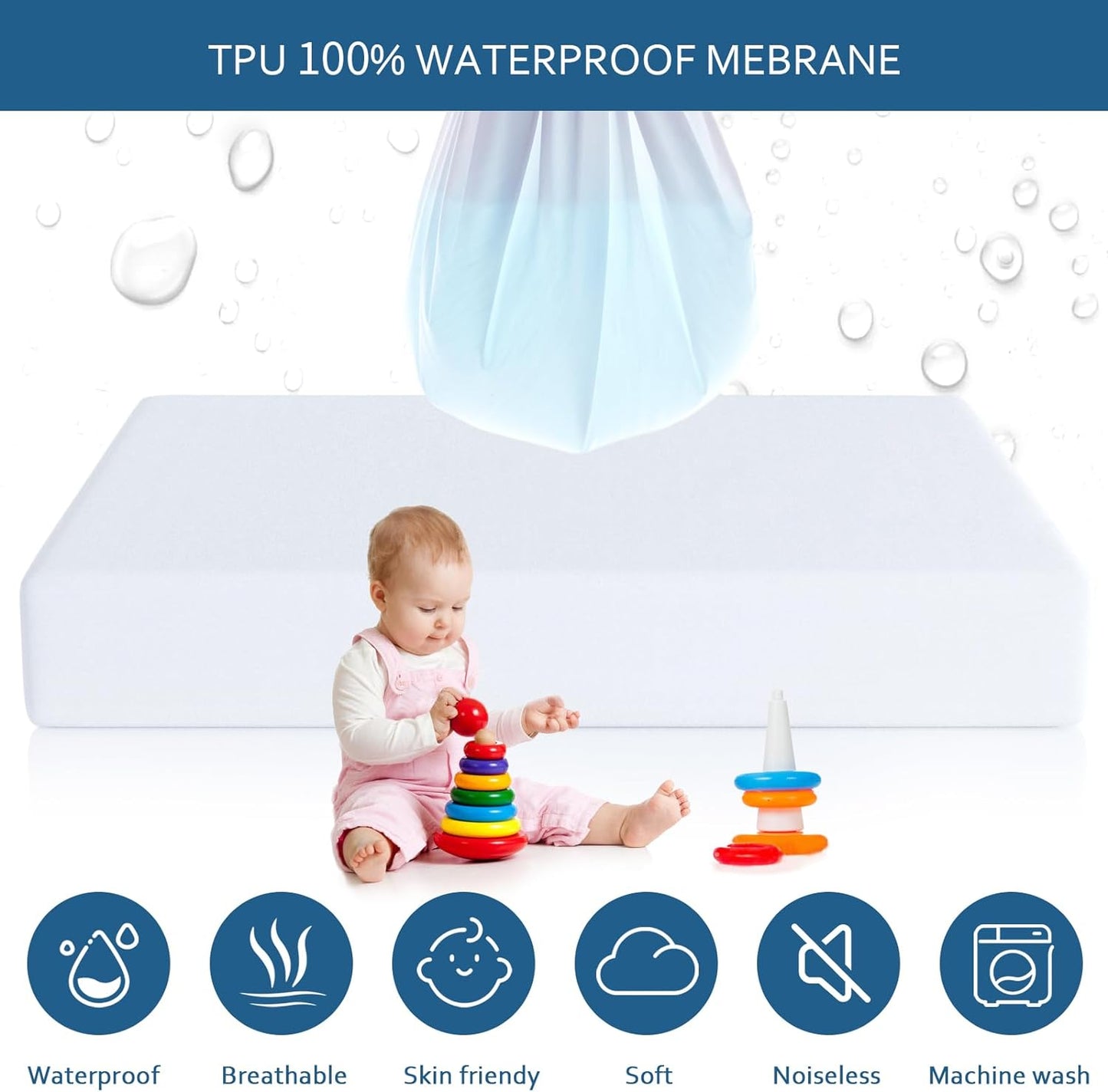Waterproof Mattress Protector Full Size,Mattress Cover Protector, Smooth Top Mattress Protector for Kids, Breathable Skin Friendly and Noiseless Fitted Sheet,Full Size,Polyester