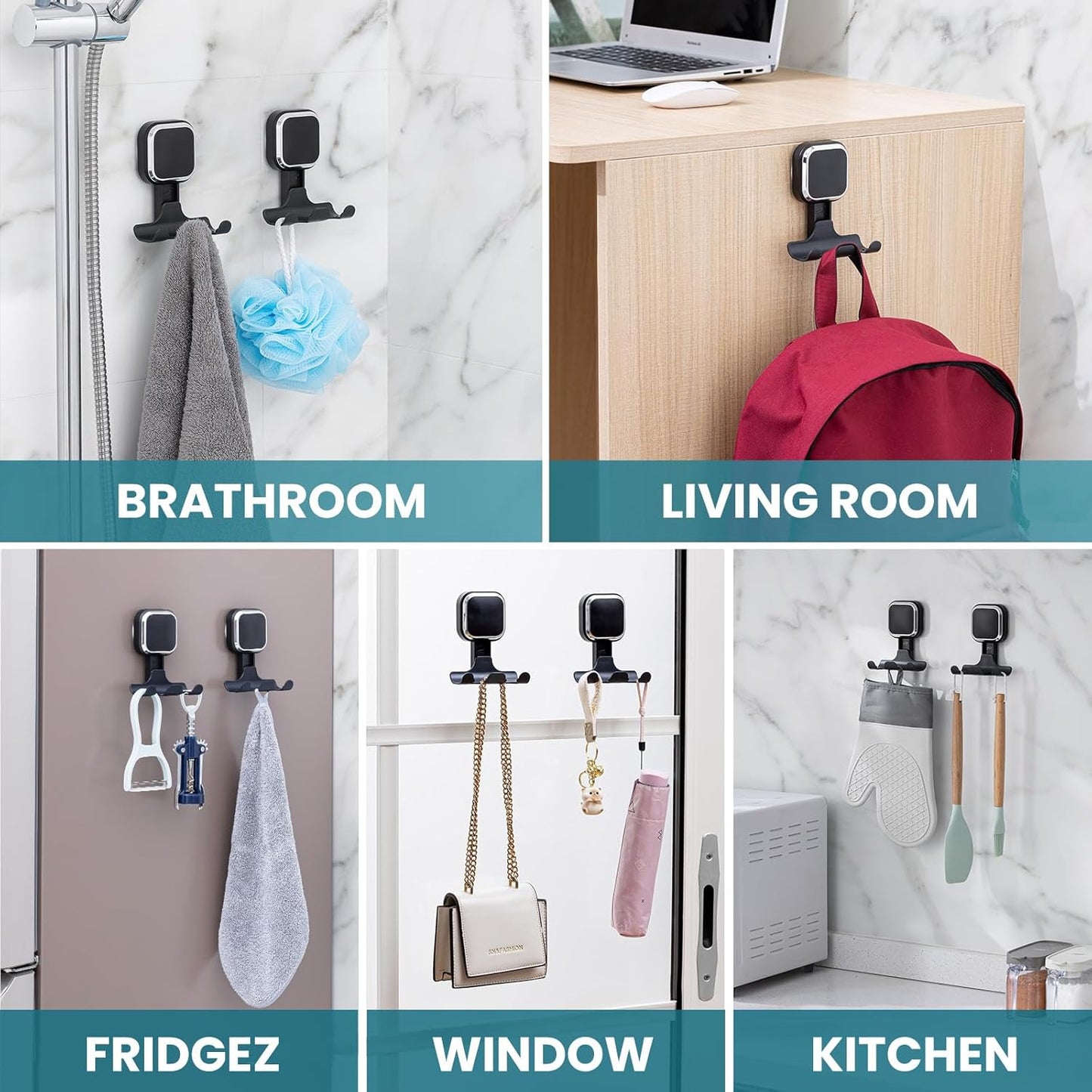 Suction Cup Razor Holder for Shower Wall 2 Pack, Versatile Suction Cup Hooks for Razor, Towel, Loofah, Squeegee, Cell Phone, Removable Damage-Free Hanging Shower Hook, Shaver Holder, Black