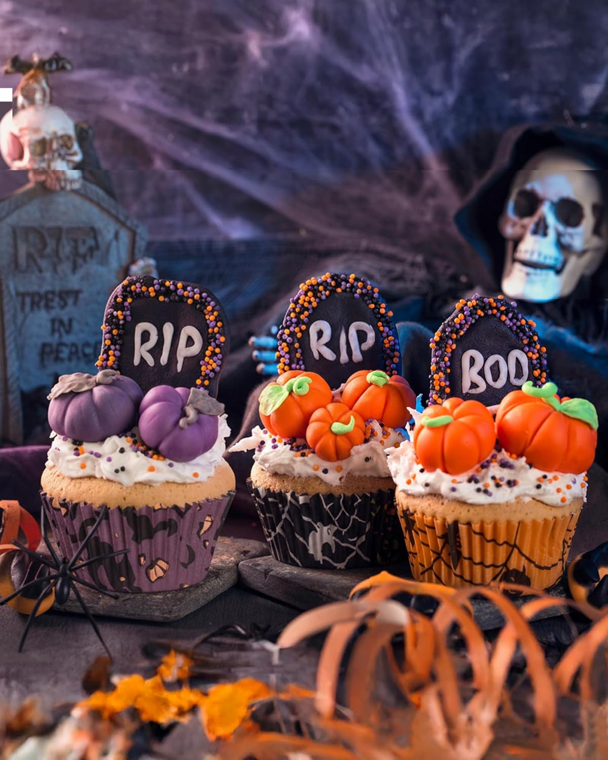 400 Pcs Halloween Mini Cupcake Liners with 12 Pcs Cupcake Toppers, Mini Cupcake Liners for Baking, Halloween Cupcake Decorations