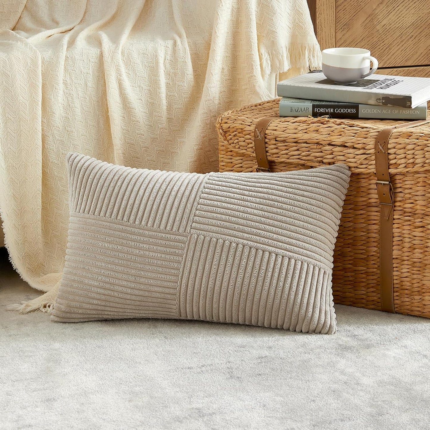 Set of 2 Taupe Boho Lumbar Rectangle Decorative Throw Pillow Covers 12X20 Inch with Diagonally Pattern for Couch Bed Sofa, Soft Corduroy Accent Modern Farmhouse Home Decorations 30X50 Cm