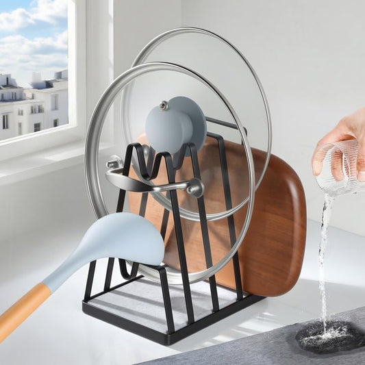 Multifunctional Kitchen Counter Organizer with Fast-Drying Stone and Stainless Steel Pot Lid Holder, Black