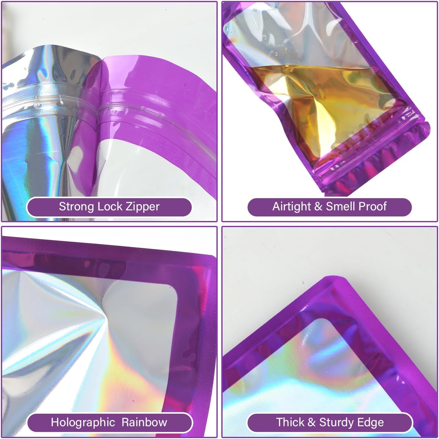 100-Pack 2×2 Inch Mylar Bags with Clear Window Holographic Resealable Sealable Packaging Zip Bag for Small Bussiness Jewelry Candy Sample Food Packing Supplies (Dark Purple)