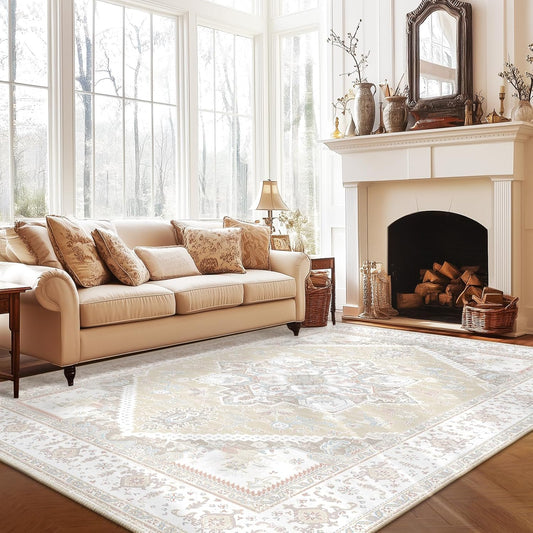 6X9 Area Rugs for Living Room Washable Non Slip Carpet Low Pile Soft Vintage Print Pattern Rug for Bedroom Dining Room Kitchen Entryway Indoor-Cream/Light Yellow/Brown/Blue/Red/Pink