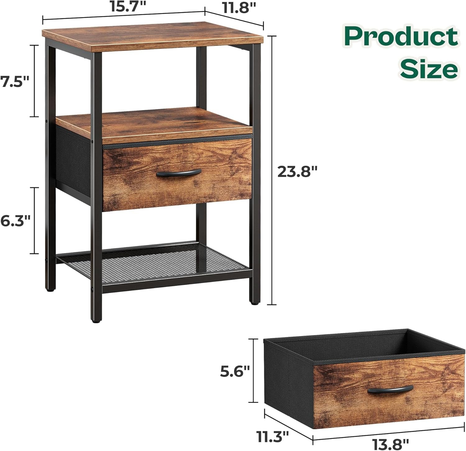 Set of 2 Nightstands with Fabric Drawers and Open Shelves, Rustic Brown Metal Frame Side Tables for Bedroom Storage