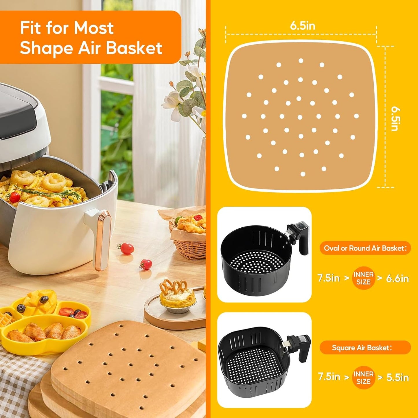 200Pcs 6.5 Inch , Unbleached Square Liners, Heavy Duty Perforated Parchment Paper for Air Fryer, Steaming Basket, Bamboo Steamer, Oven Baking