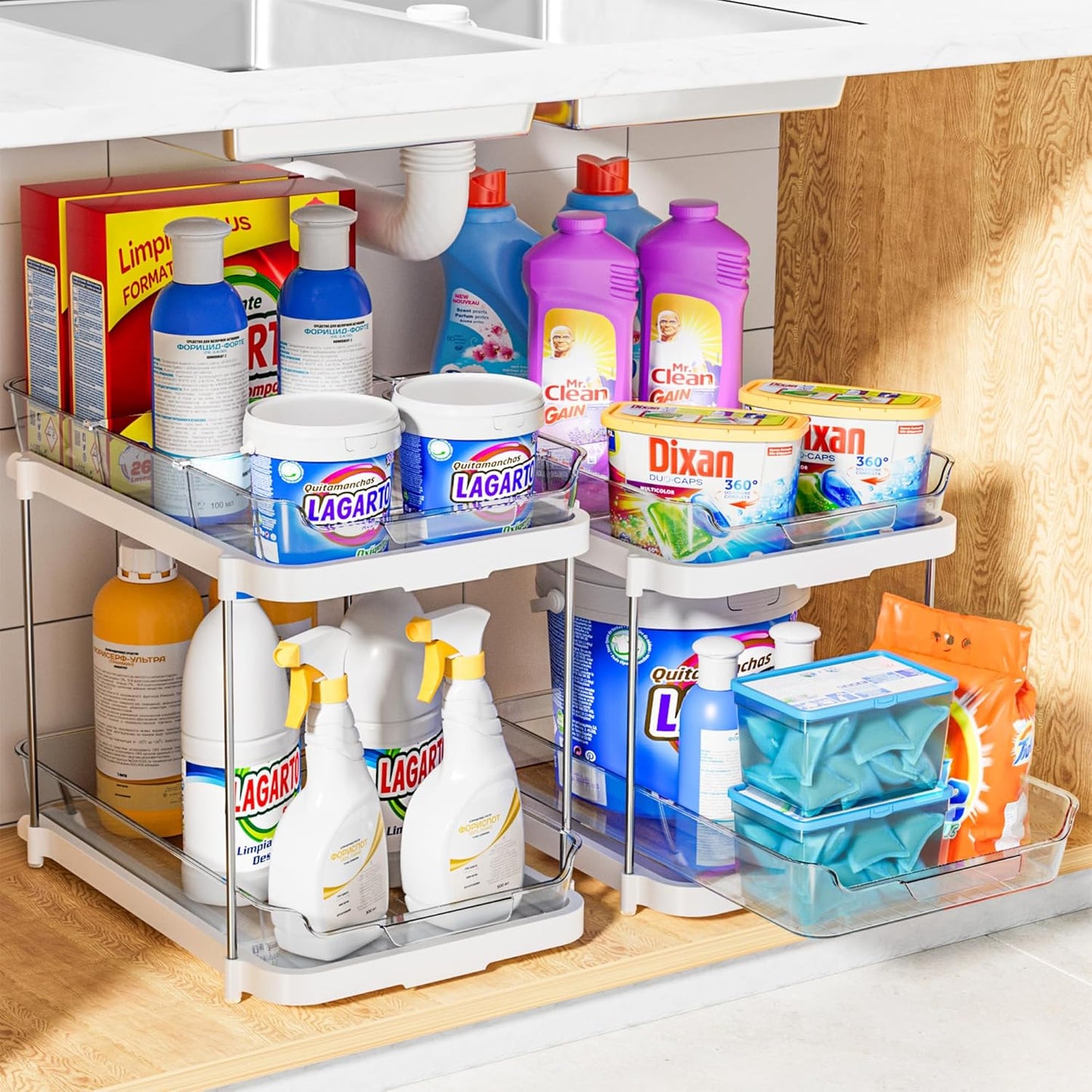 2 Sets of 2-Tier Multi-Purpose Bathroom under Sink Organizers and Storage, Stackable Kitchen Pantry Organization, Pull Out Medicine Cabinet Organizer with 8 Movable Dividers