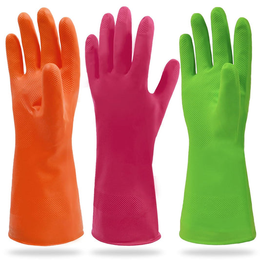 Synthetic Rubber Gloves, Medium Size, 11.8 Inches, 3 Pairs 3 Colors for Household Cleaning, Dishwashing and Other Home Cleaning Use