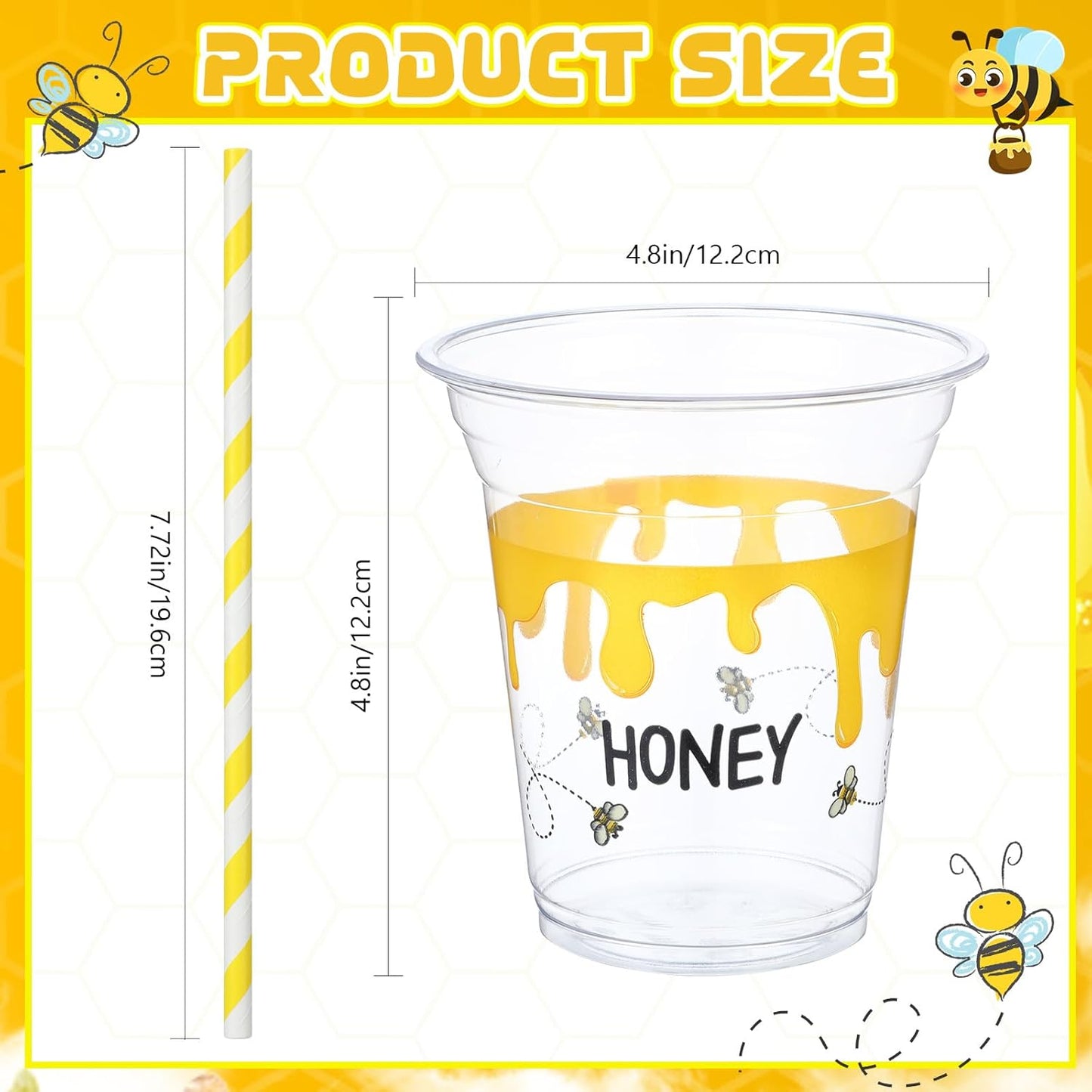 100-Pack 12 Oz Honey Bee Plastic Disposable Cups with Lids and Straws for Juice, Water, and Coffee - Ideal for Summer and Sports Parties