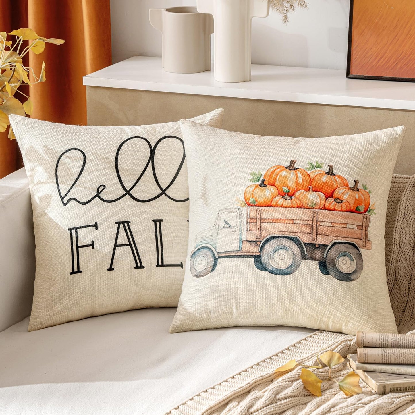 Fall White Pumpkin Throw Pillow Covers 18X18 Inch Thanksgiving Harvest Decorations Cushion Cases for Autumn Sofa Couch Set of 4