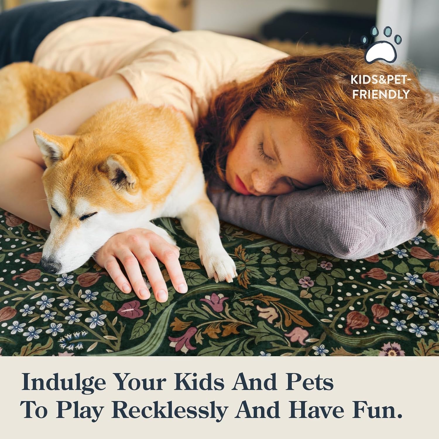 Floral 5X7 Washable Living Room Rugs, Green Area Rugs for Bedroom Rubber Backed, Botanical Thin Stain-Resistant Carpet for Dining Room, Guestroom, Kids Room