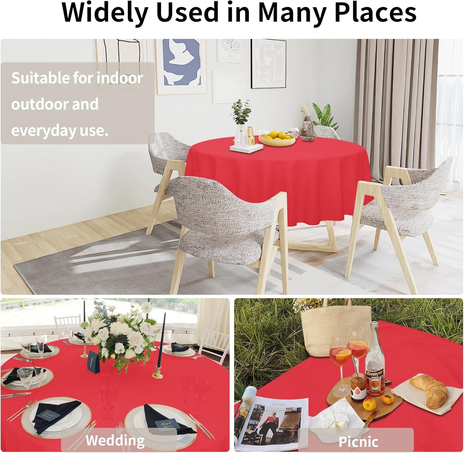 Faux Linen Waterproof Spill-Proof Tablecloth Stain Resistant round Table Cloth Wrinkle Free Decorative Fabric for Kitchen, Dining, Party, Weddings, Restaurants (70 In-Round, Red)