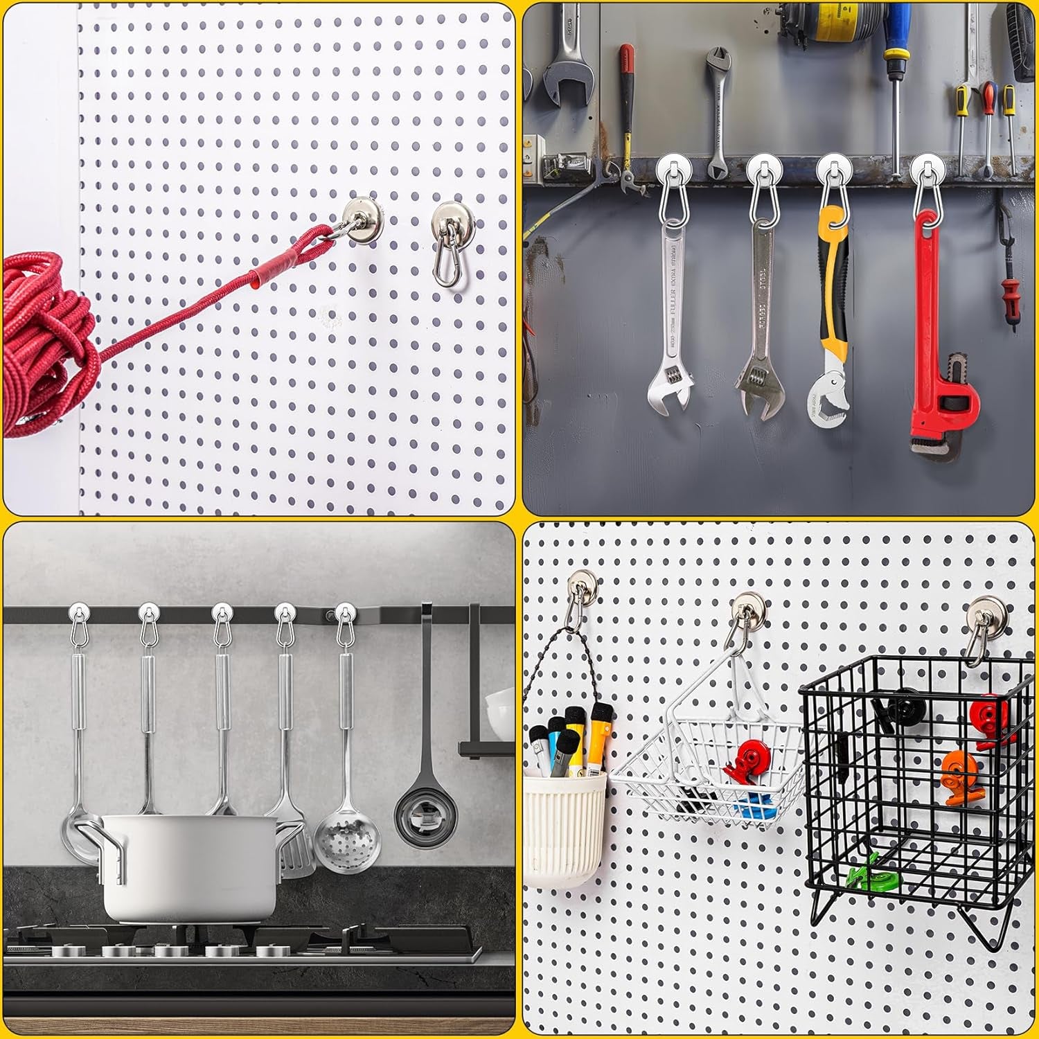 4Pack Magnetic Hooks with Swivel Carabiner, 50LBS Neodymium Magnet Hooks Heavy Duty, Strong Magnetic Hooks for Hanging, Magnet with Hook for Outdoor, Garage, Warehouse, Home