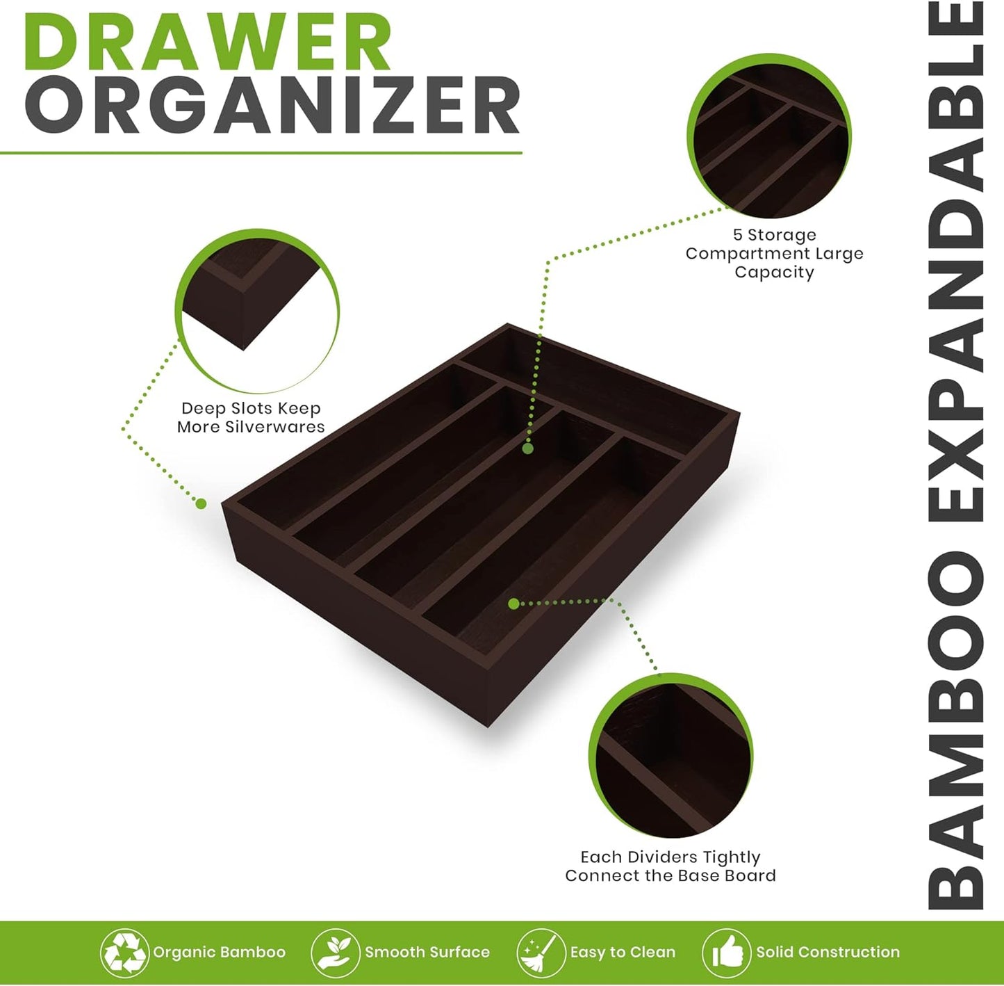 Silverware Organizer, Bamboo Utensil Drawer Organizer for Cutlery, Utensils & Flatware (5 Compartment, Brown) Pack of 1