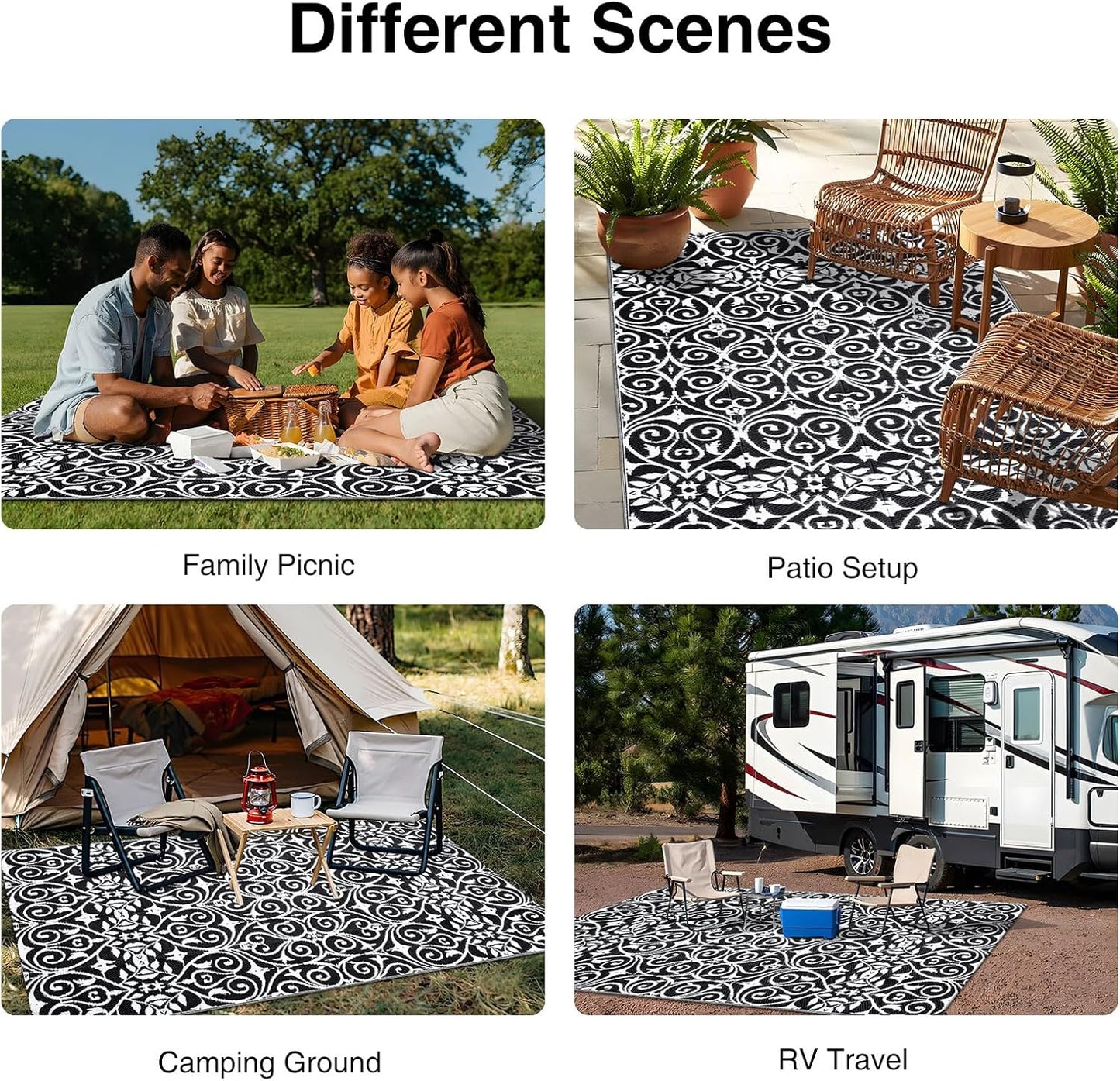 Outdoor Rug Waterproof 5X8 Ft Clearance, Reversible Outdoor Plastic Straw Rug with Floral Pattern, RV Mat for Patio, Camping, Balcony, Deck, Backyard, Black & White