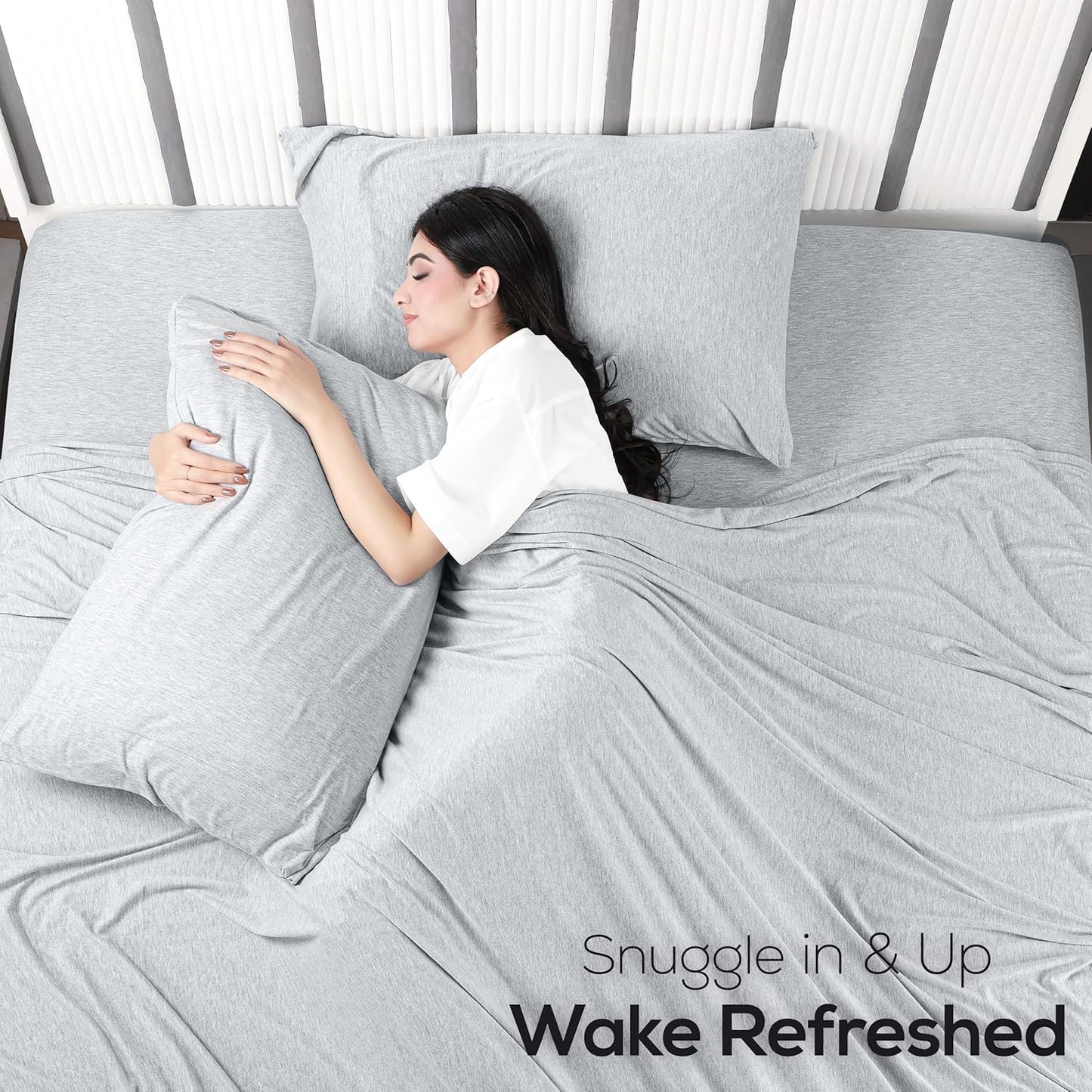 Queen Sheet Set - Jersey Knit Sheets 4 Piece – Cotton – Soft T-Shirt Stretchy Sheets (Heather Light Grey)