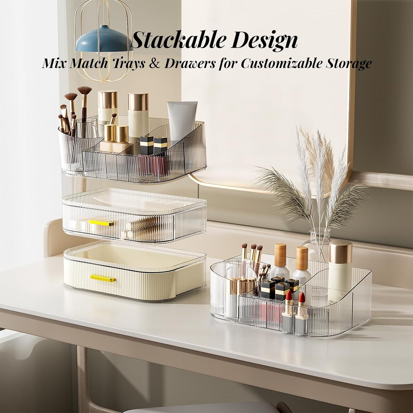 Makeup Organizer for Vanity with Stackable Drawers, 360 Rotating Makeup Brush Holder Large Cosmetic Display Case for Dresser, Bathroom Countertop Skincare Organizers and Storage, Elegant White