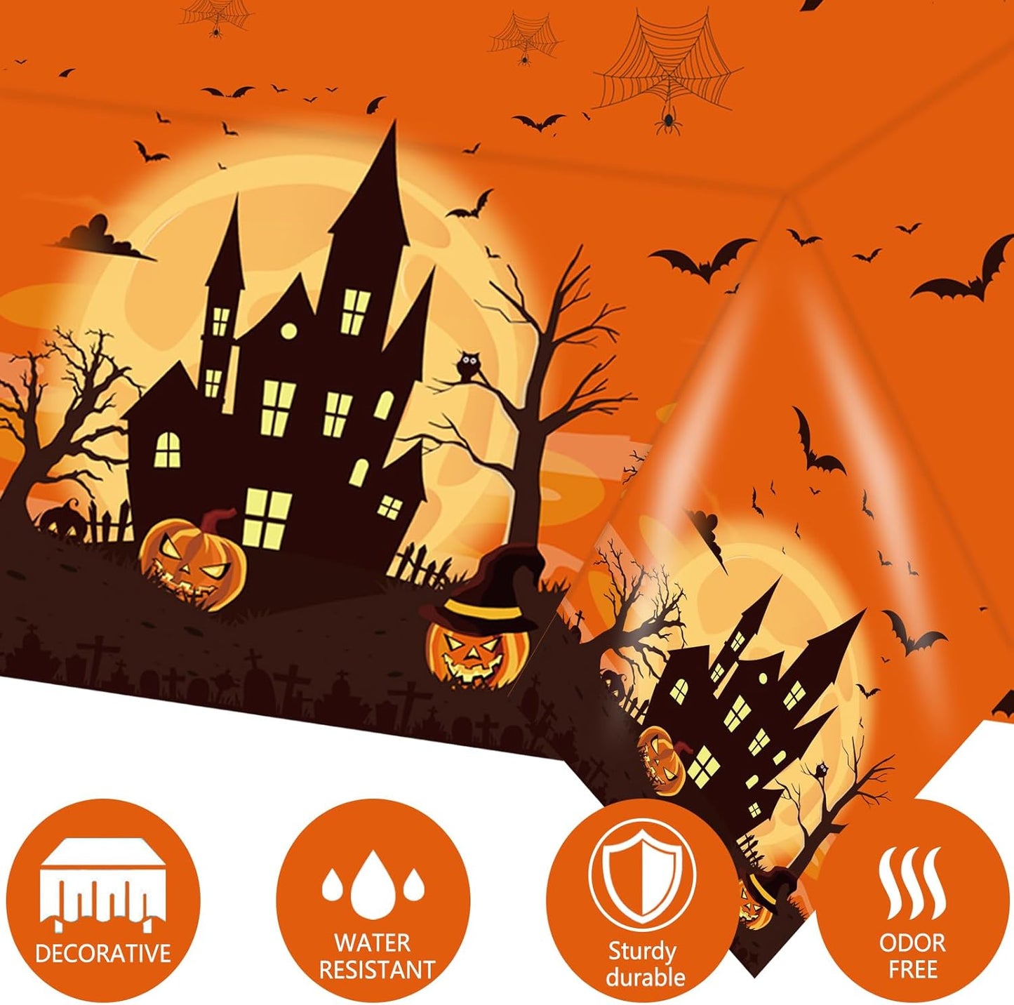 3 Packs Orange Halloween Tablecloth 54 X 108 Inches Scary Castle Ghost Pumpkin Table Cloth Disposable Waterproof Plastic Bat Spider Web Table Cover Trick or Treat for Halloween Party Dining