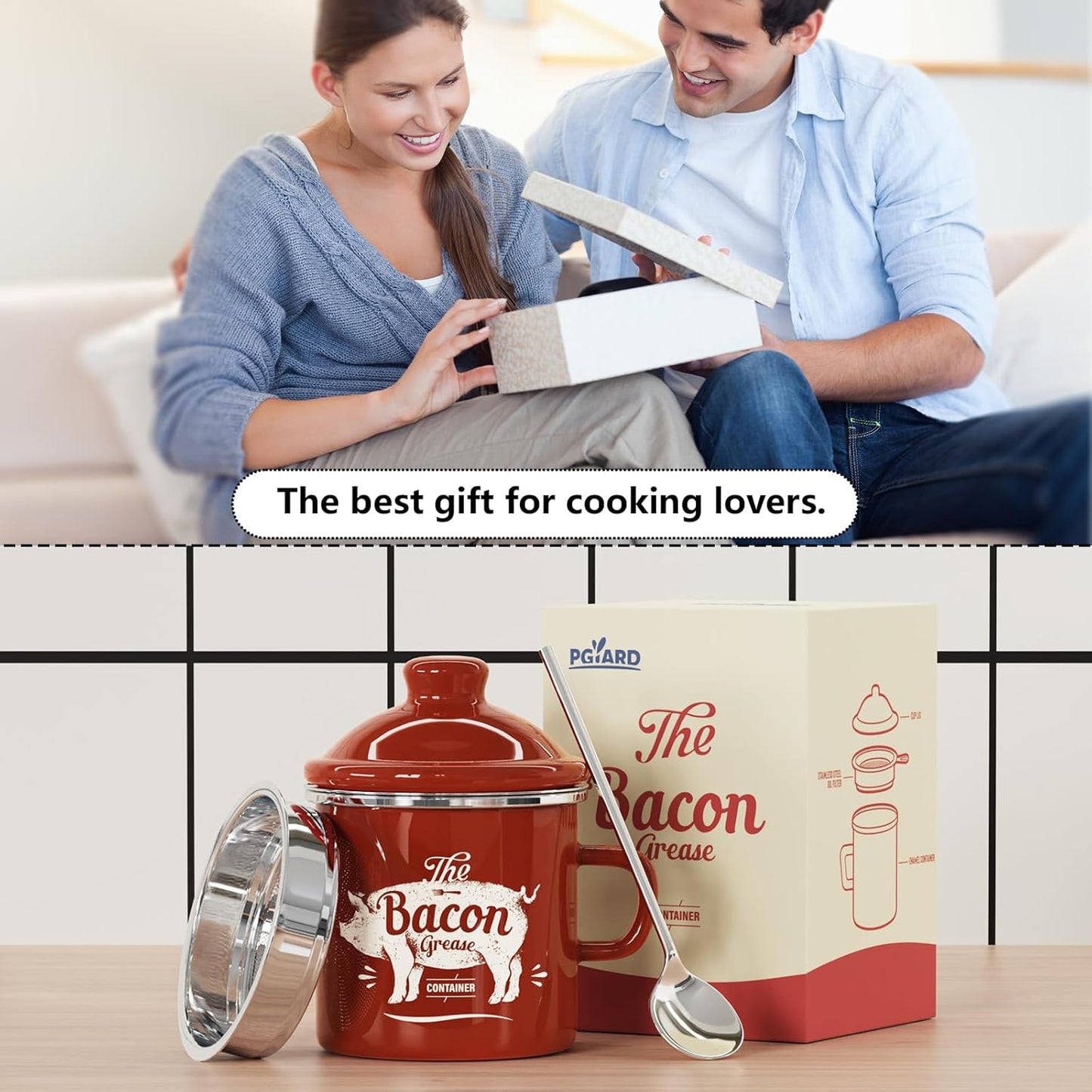 Mini Bacon Grease Container with Strainer - 15OZ Enamel Grease Saver, Farmhouse Bacon Grease Keeper for Kitchen Fat Storage, Dishwasher Safe-Red