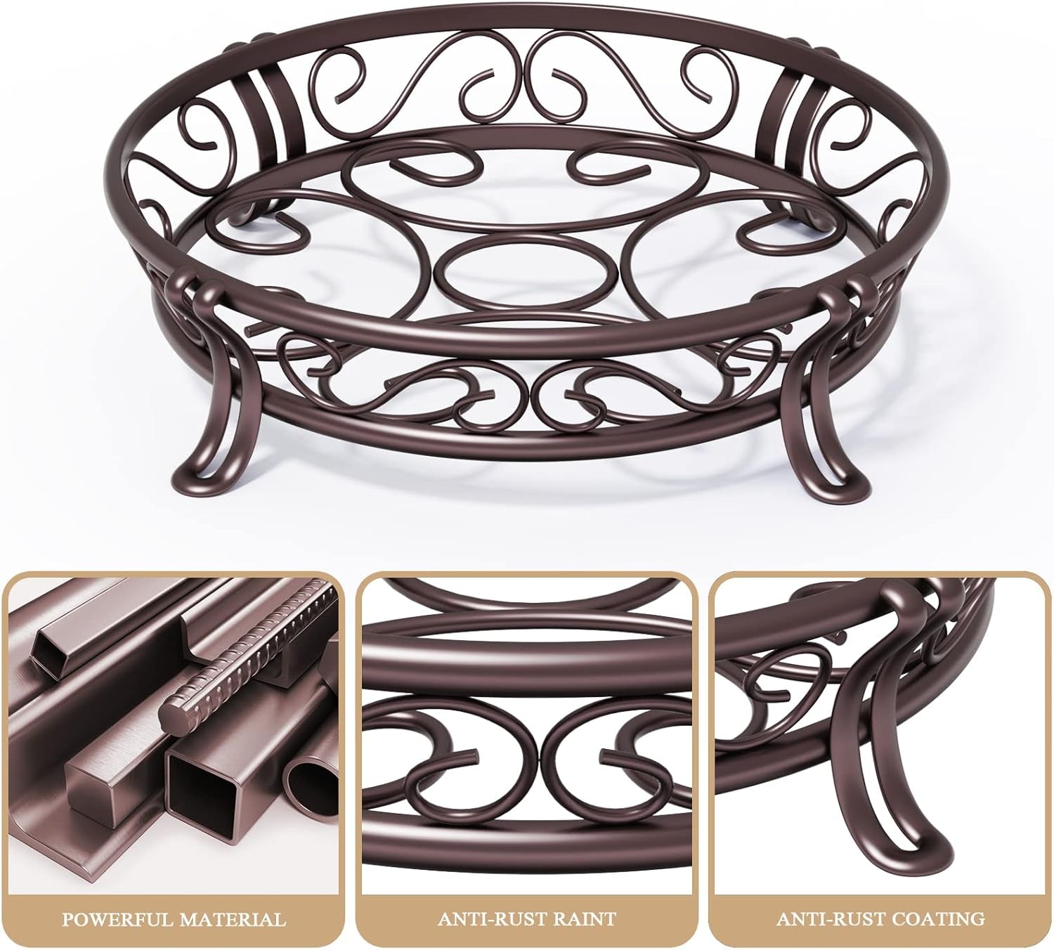 Metal Plant Stand for Outdoor Indoor, Heavy Duty Flower Pots Holder Rustproof Wrought Iron Planter Stands Garden round Supports Rack for Planter 11.8 Inches, Bronze Brown