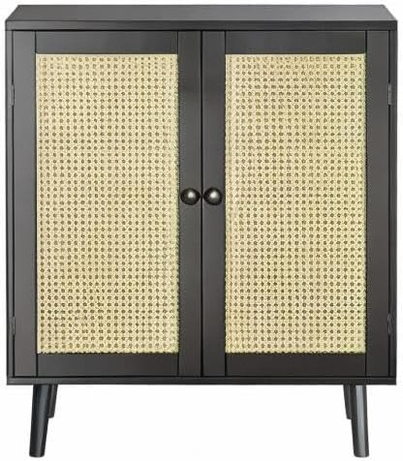 Buffet Cabinet with Storage and Synthetic Rattan Decor Doors, Solid Wood Legs, Ideal for Hallway, Entryway, or Living Room, Black Finish