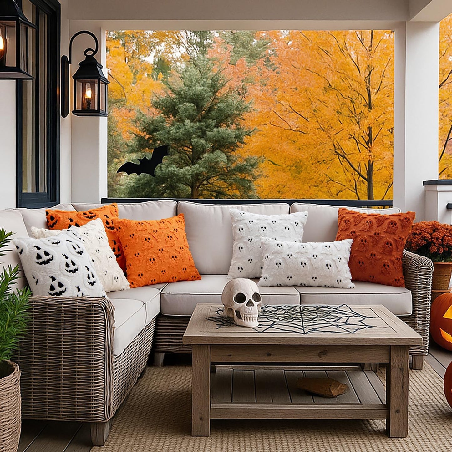 Halloween Decorative Pillow Covers - Set of 2 Soft Plush Faux Fur Ghost-Themed Cushions for Couch, Sofa, Bed, and Porch - 18x18 Inch Burnt Orange Fall Decor