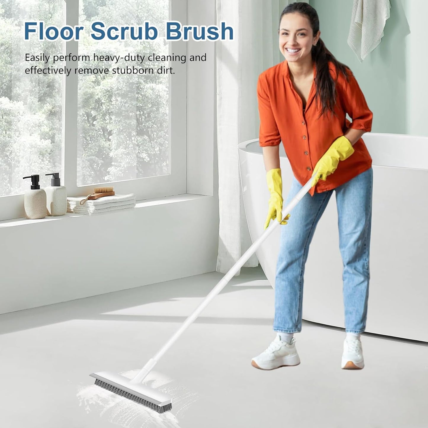 Floor Scrub Brush with 48-Inch Long Adjustable Handle 2 in 1 Scrape Brush Stiff Bristle Floor Scrubber for Cleaning Shower Bathroom Garage Kitchen Wall Deck Tub Tile