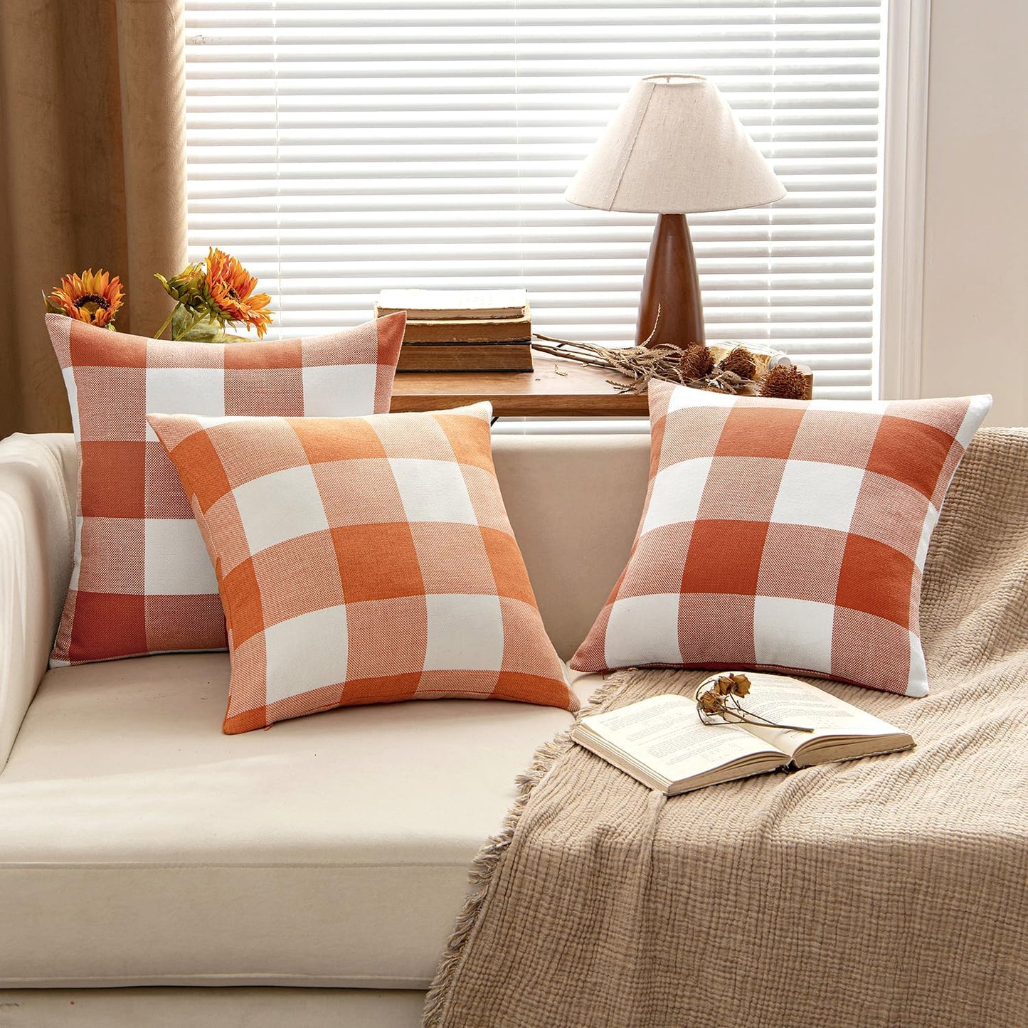 Fall Throw Pillow Covers Pack of 2 Decorative Classic Farmhouse Buffalo Check Plaids Polyester Linen Soft Cushion Case for Couch Sofa Bedroom Outdoor 18 X 18 Inch, Burnt Orange