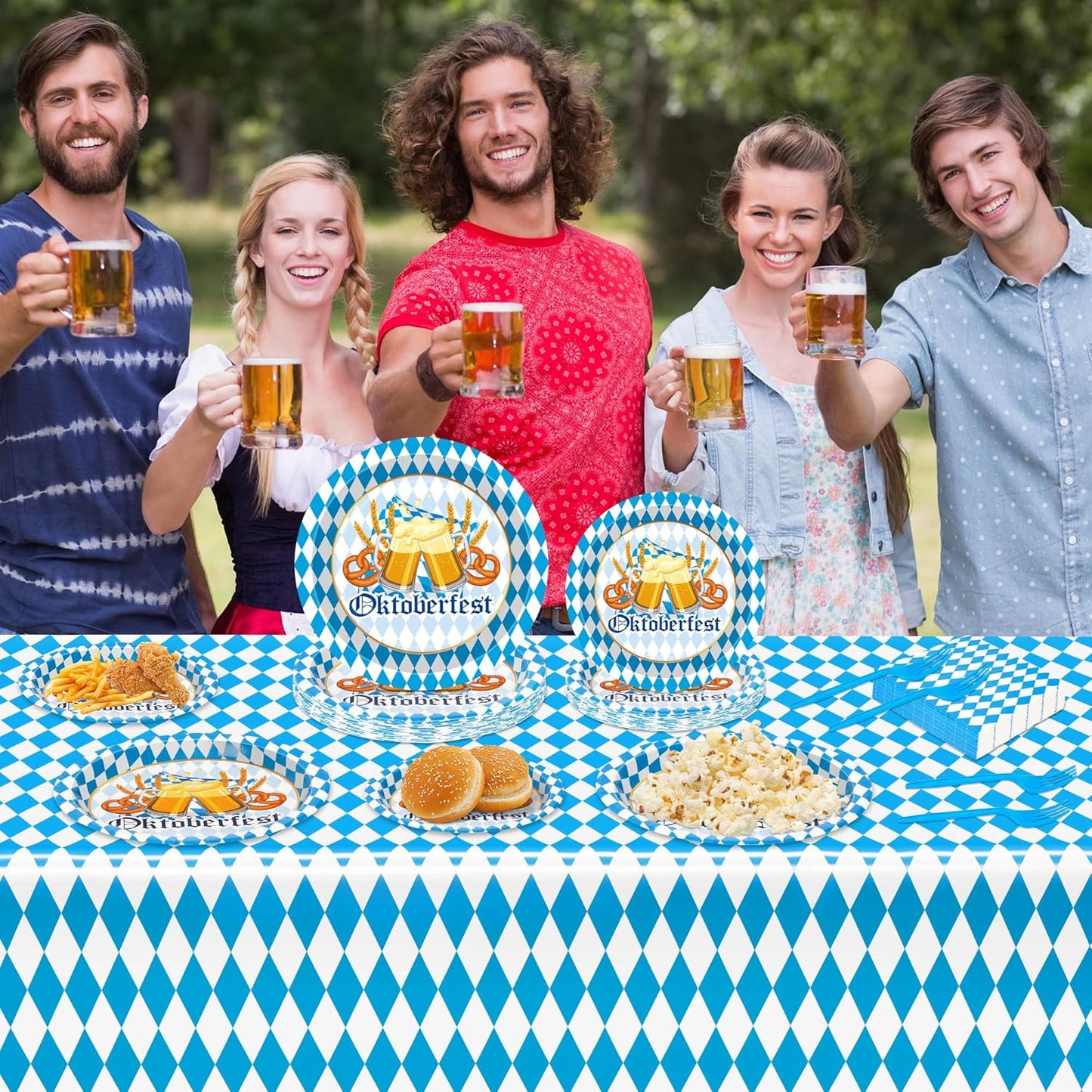 122 PCS Oktoberfest Decorations, Disposable 9" and 7" Blue and White Flag Check Beer Party Plates, Oktoberfest Paper Plates Napkins Forks Tablecover, Beer Festival Party Supplies for German Festival