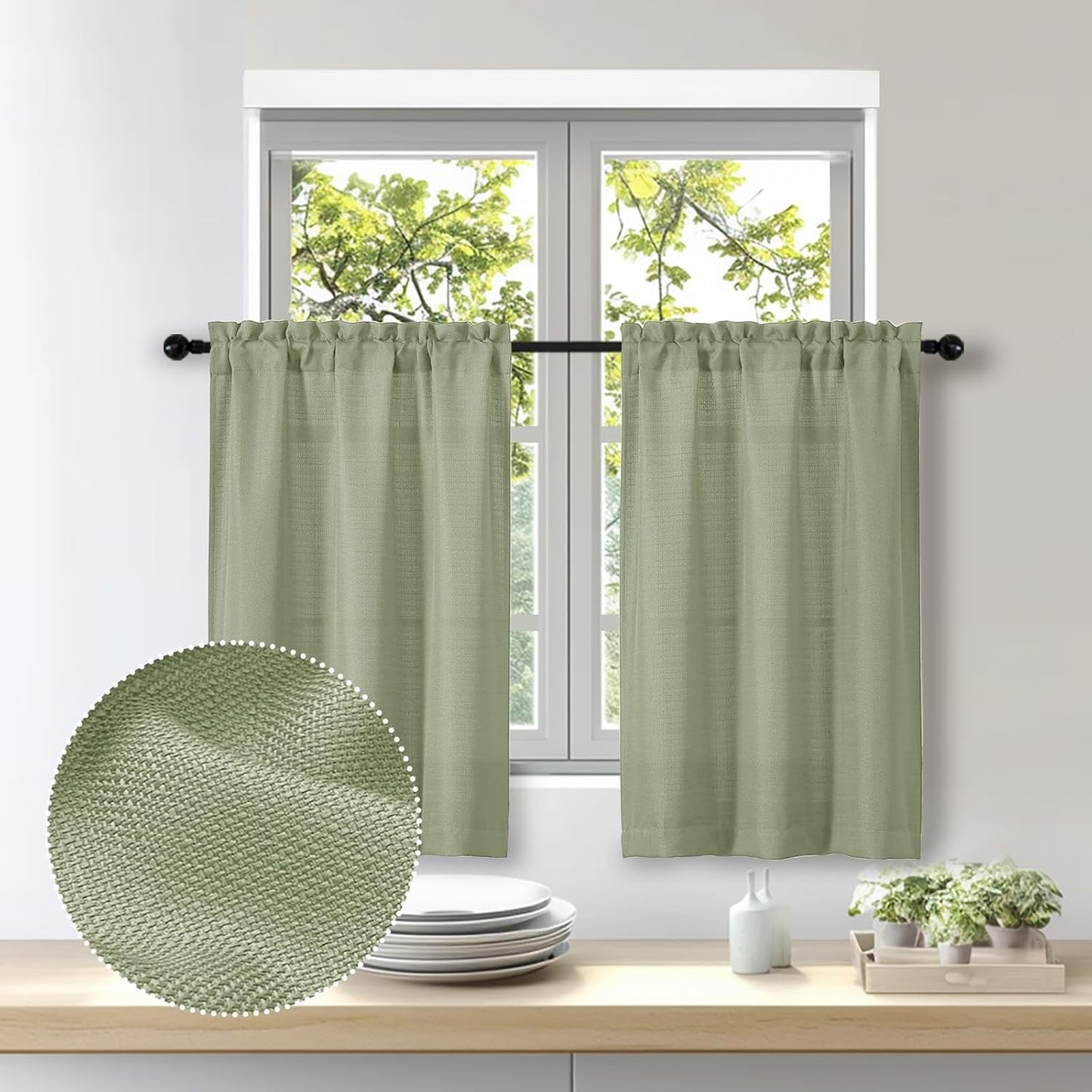 Bob 2 Panels Sage Green Kitchen Curtains Sets for Windows 36 Inch Length, Faux Linen Textured Short Cafe Curtains Tiers for Kitchen, Rod Pocket Small Window Drapes for Bathroom, 30Wx36L Inch