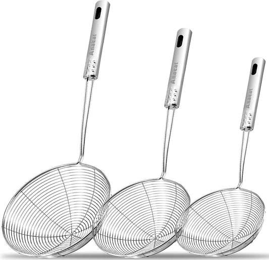 Stainless Steel Spider Skimmer, Set of 3 Professional Kitchen Pasta Strainer Spoon with Long Handle - Asian Strainer Ladle Wire Skimmer Spoons for Cooking and Frying (4.5"+5.3"+6.1")