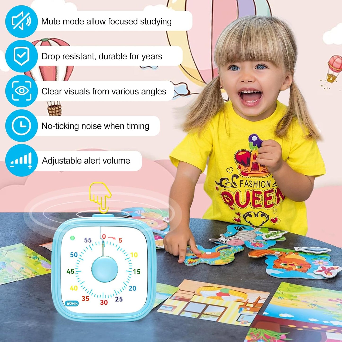 Visual Timer for Kids, 60 Minute Countdown Kitchen Timer for Cooking, Time Management Tool for Classroom, Teacher, Home School, Toddlers, Office, Study, Game - Battery Included