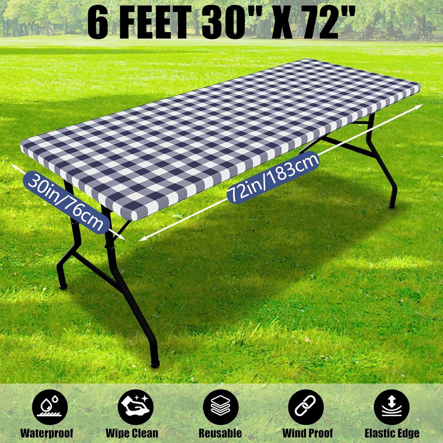 Picnic Table Cloth 2 Pack, Waterproof Elastic Fitted Tablecloths for 6FT Rectangle Tables, Washable Polyester Buffalo Plaid Tablecloth for Camping, Dining & Outdoor (Navy & White, 30" X 72")