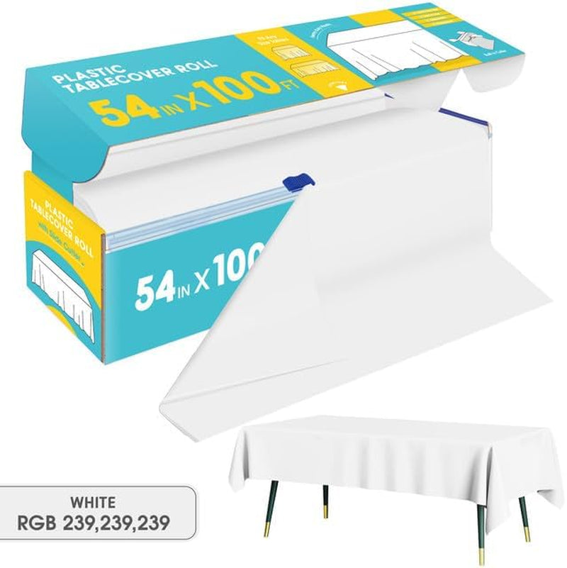 White Plastic Table Cover Roll - 54IN X 100FT, Table Cloth for Rectangle Table with Slide Cutter, Plastic Table Cloth Disposable with Cut-To-Size Design for Weddings, Banquets, Parties