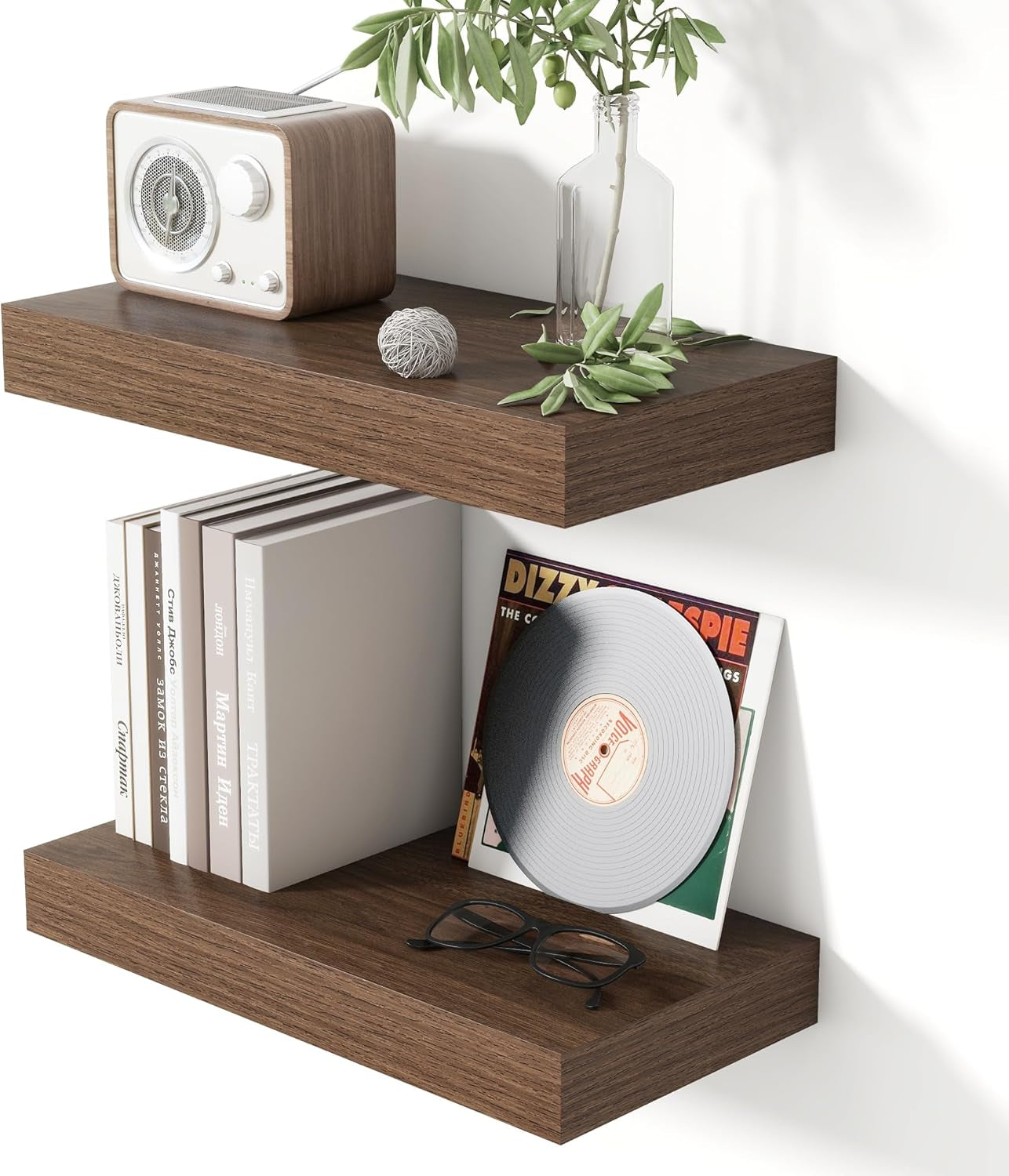 16 Inch Floating Shelves for Wall Walnut Shelves Set of 2,Wall Mounted Rustic Wood 8 Inch Deep Floating Shelf with Invisible Brackets for Bedroom Kitchen Living Room