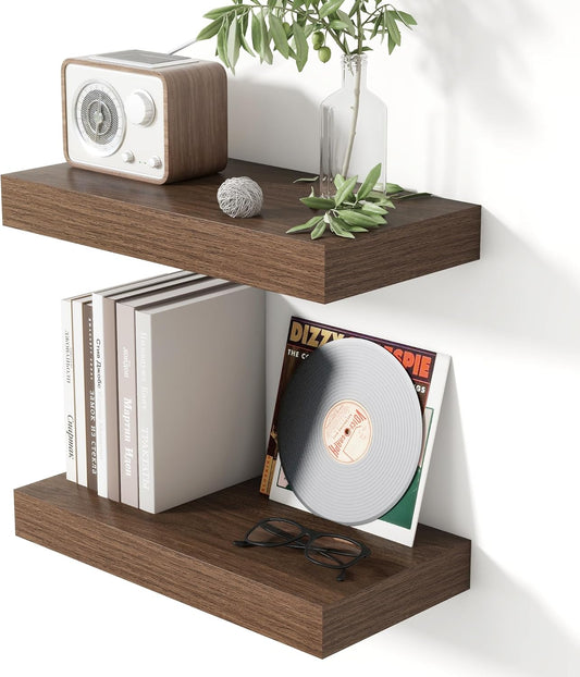 16 Inch Floating Shelves for Wall Walnut Shelves Set of 2,Wall Mounted Rustic Wood 8 Inch Deep Floating Shelf with Invisible Brackets for Bedroom Kitchen Living Room