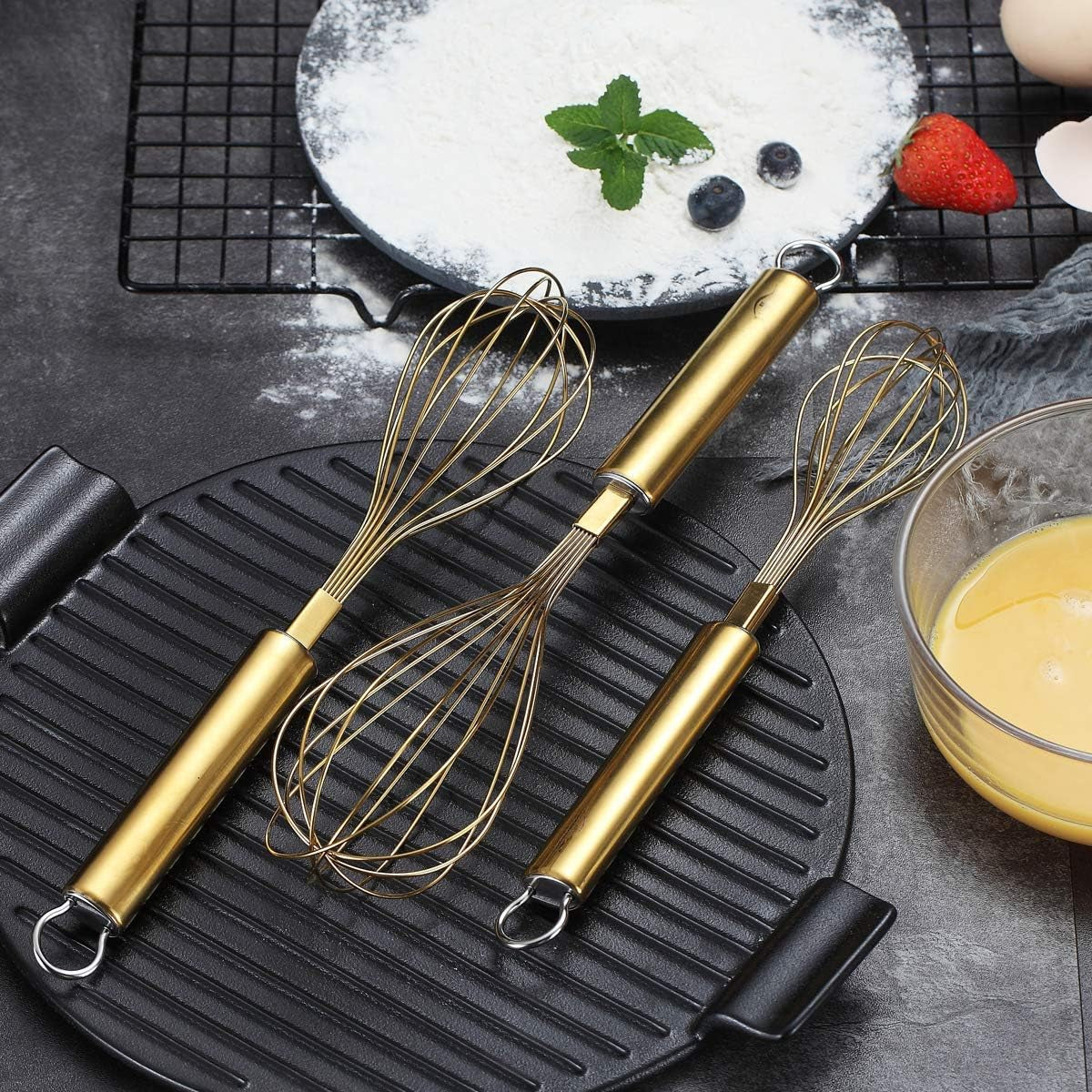 Gold Stainless Steel Whisk Set - 3-Piece (8", 10", 12") with Titanium Plating for Cooking and Baking